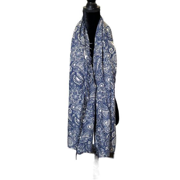 Unbranded Scarf Womens Long Rectangle Blue White Floral Wrap Lightweight Fringe - Picture 7 of 8